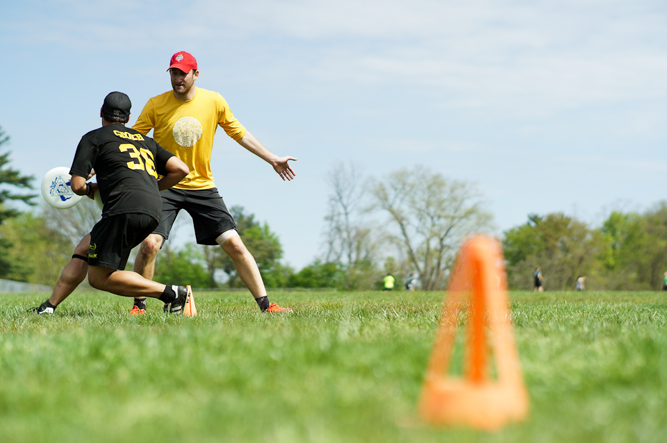 Philadelphia, PA: Co-captain Jake Rainwater guards a player during a drill at the tryouts for the new Philadelphia Open division Ultimate Frisbee team. May 3, 2014. Photo by Sean Carpenter - UltiPhotos.com