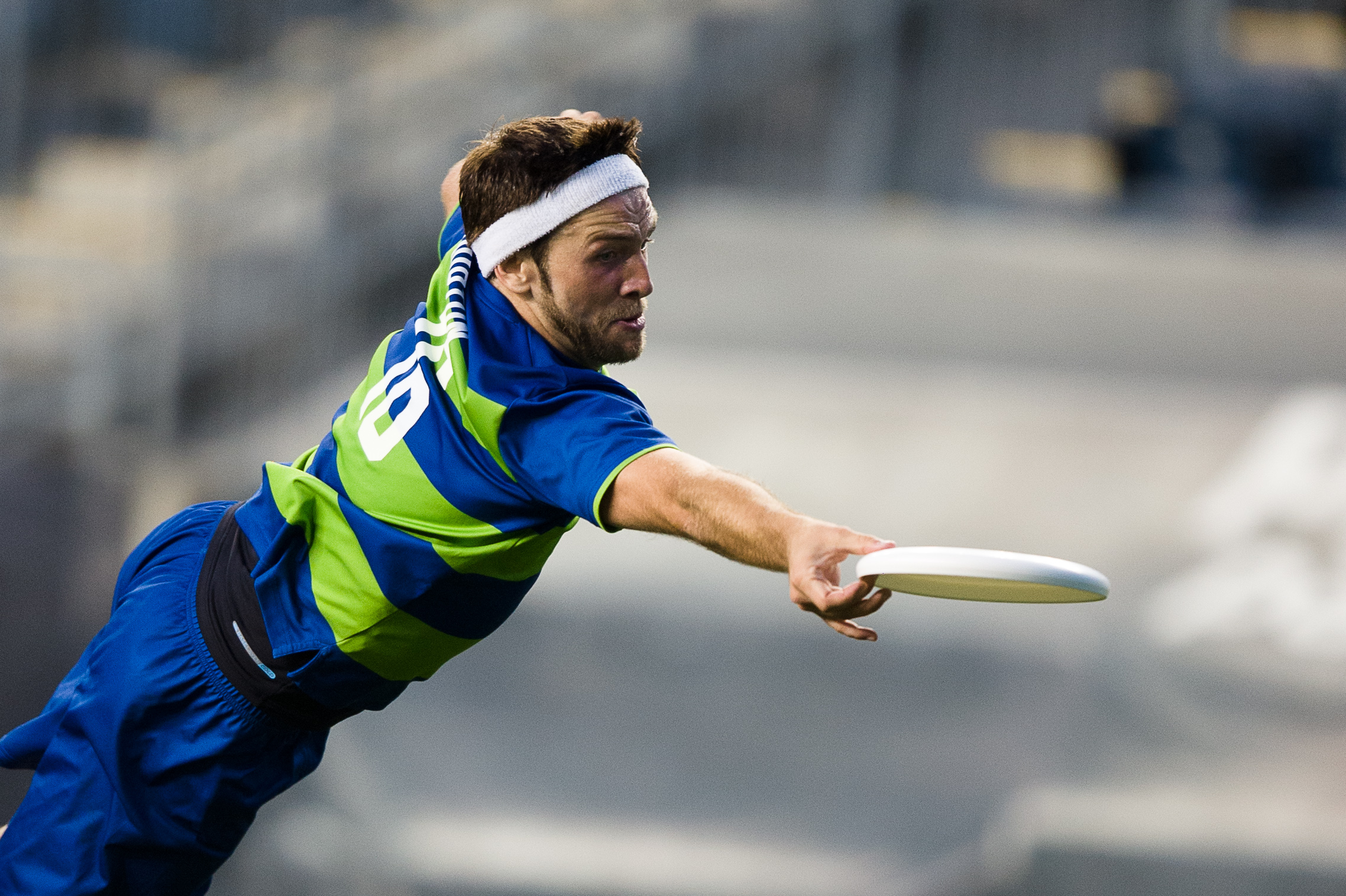 Mark Burton (Seattle Rainmakers #16) layout catch. 2015 Major League Ultimate Championship Game between the Boston Whitecaps and the Seattle Rainmakers. PPL Park, Chester PA, Saturday, August 8, 2015.